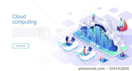 Cloud computing isometric landing page vector template. Data and info storage website header UI layout with illustration. Database server, hosting infrastructure web banner isometry concept 104142600