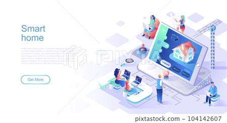 Smart home isometric landing page vector template. Automated house control system website header UI layout with illustration. Wireless controller on tablet display web banner isometry concept 104142607