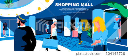 Shopping mall flat vector landing page template. Buyers with bags in supermarket banner layout with header. Shoppers characters. Consumers in fashion boutiques cartoon illustration with text space Shopping mall flat vector landing page template. Buyers with bags in supermarket banner layout with header. Shoppers characters. Consumers in fashion boutiques cartoon illustration with text space 104142728