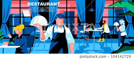 Restaurant flat vector landing page template. Luxury city cafe contemporary interior banner layout with header. Customers characters waiting food roder cartoon illustration with text space 104142729