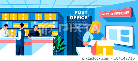 Post office flat vector landing page template. Postal service workers. Mail delivering banner layout with header. People getting and sending parcels cartoon illustration with text space Post office flat vector landing page template. Postal service workers. Mail delivering banner layout with header. People getting and sending parcels cartoon illustration with text space 104142730