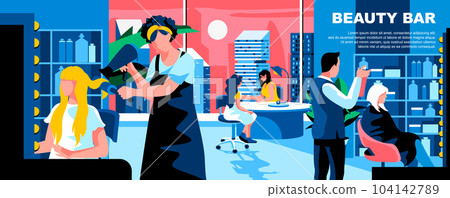 Beauty bar flat vector landing page template. Hairdresser salon, manicurist service banner layout with header. Women hair stylist modern parlour cartoon illustration with text space 104142789