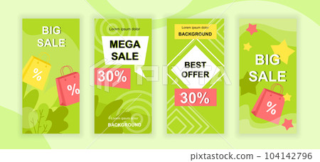 Big sale social media stories design templates vector set, backgrounds with copyspace - best offer - backdrop for vertical banner, advertising poster - mega sale, ad campaign concept 104142796
