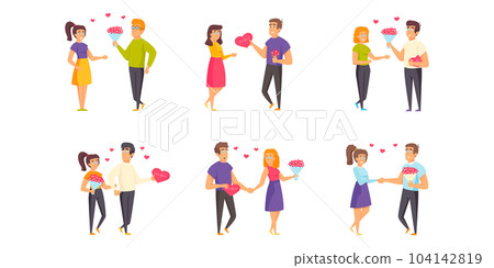 Saint Valentines Day flat vector illustrations set. Romantic date, dating, rendezvous scenes bundle. Enamored couples, people in love, men and women with flower bouquets cartoon characters collection Saint Valentines Day flat vector illustrations set. Romantic date, dating, rendezvous scenes bundle. Enamored couples, people in love, men and women with flower bouquets cartoon characters collection 104142819