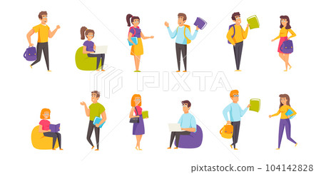 Students, learners flat vector illustrations set. Study, education, seminar preparation scenes bundle. Undergraduates, people with tutorials cartoon characters collection isolated on white background 104142828