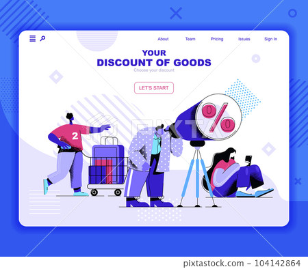 Discounts of goods landing page vector template. Seasonal price reduction website header UI layout with flat illustration. Limited merchandise promo campaign web banner flat concept 104142864