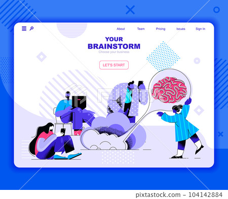 Brainstorming landing page vector template. Corporate strategy planning website header UI layout with flat illustration. Creative thinking and imagination web banner flat concept Brainstorming landing page vector template. Corporate strategy planning website header UI layout with flat illustration. Creative thinking and imagination web banner flat concept 104142884