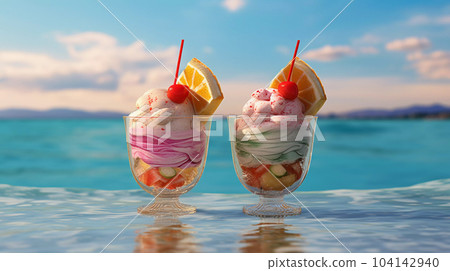 Two Ice Creams in a Glass Goblets on the Beach Two Ice Creams in a Glass Goblets on the Beach 104142940