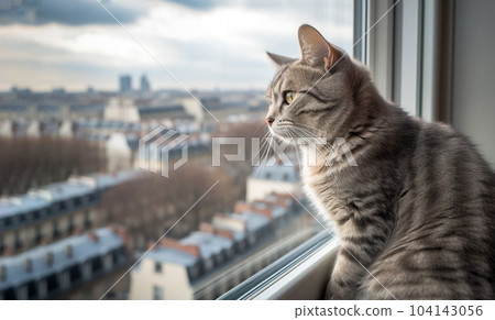 The cat sits on the windowsill and looks at Paris. 104143056