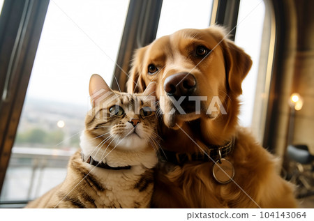 A cat and a dog take a selfie at the Eiffel Tower in France 104143064