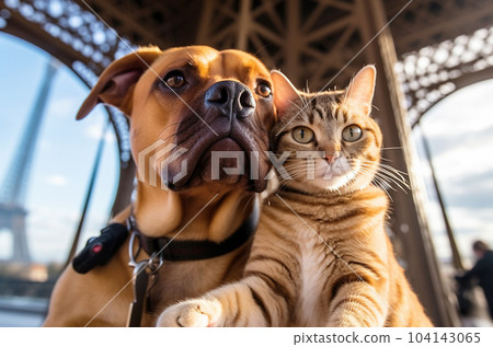 A cat and a dog take a selfie at the Eiffel Tower in France 104143065