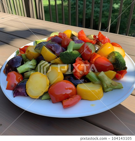Vegetables on a plate on a wooden table in the garden 104143105