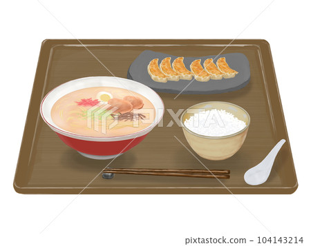 Tonkotsu ramen and gyoza set (brown tray) realistic illustration 104143214
