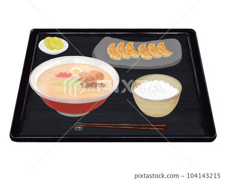 豚骨拉麵和餃子套裝（黑色托盤）逼真插圖 104143215