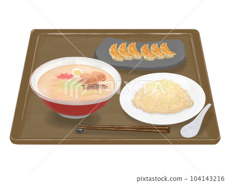 Tonkotsu ramen, dumplings, fried rice set (brown tray) realistic illustration 104143216