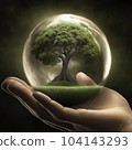 Human hand holding a tree in a crystal ball, environmental conservation concept 104143293