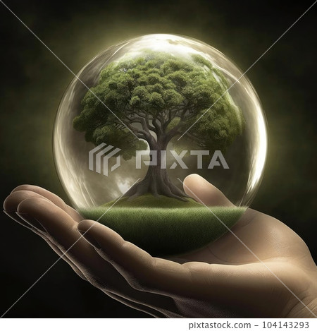 Human hand holding a tree in a crystal ball, environmental conservation concept Human hand holding a tree in a crystal ball, environmental conservation concept 104143293