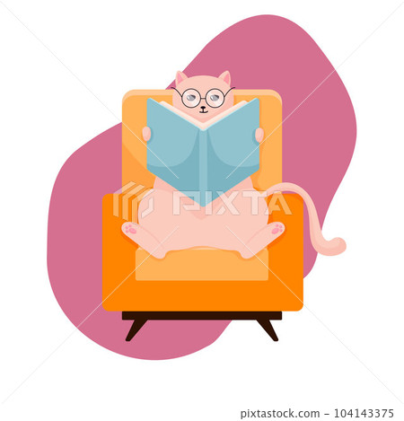 Cat character in glasses study flat. Cat sits on a armchair and reads a book. Vector illustration isolated on a white background. 104143375