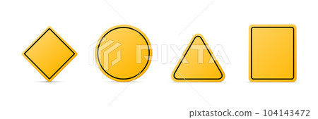 Vector Yellow Warning, Danger Stop Sign Frame Icon Set Isolated. Rhombus, Circle, Triangle, Rectangle Dangerous Sign Collection. Design Template of Road Sign 104143472