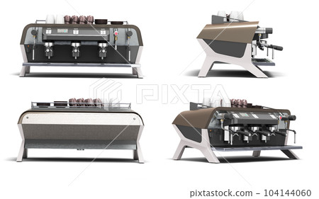 Set of new professional coffee machine in different views 3d render on white Set of new professional coffee machine in different views 3d render on white 104144060