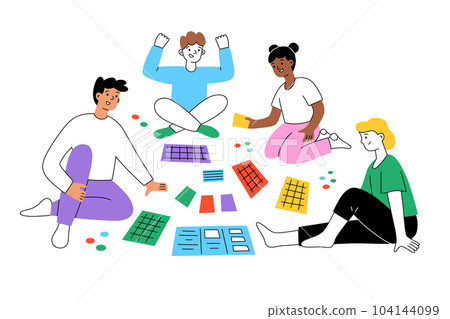 Family playing board game on floor, hand drawn composition with adults and children friends spend time together, vector illustration of tabletop game with cards and chips, colored clipart 104144099