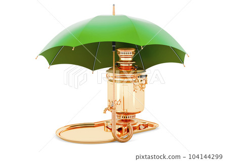 Brass Samovar under umbrella. 3D rendering 104144299