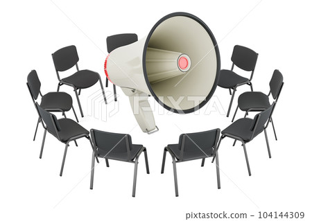 Information meeting concept. Chairs in a circle with megaphone, 3D rendering 104144309