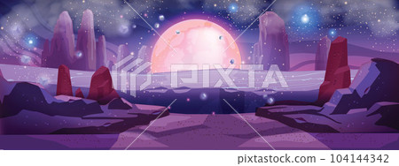 Space Mars game background, alien planet vector cartoon landscape, night sky, astronaut cosmic rock 104144342