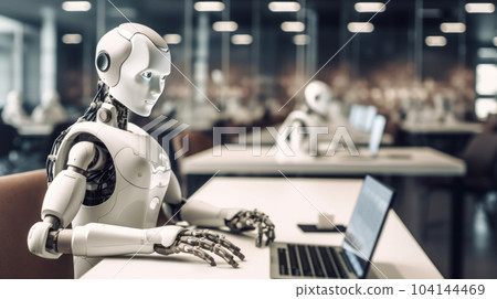 close up of a robot using the laptop working in the office close up of a robot using the laptop working in the office 104144469