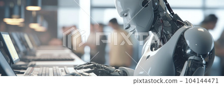 close up of the robot male using a laptop working in the office 104144471