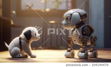 Cute puppy and robot puppy in the home Cute puppy and robot puppy in the home 104144479