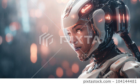 Female robot portrait wearing helmet Female robot portrait wearing helmet 104144481