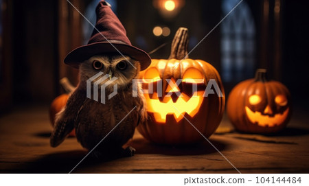 Halloween  with pumpkin with owl wearing hat 104144484