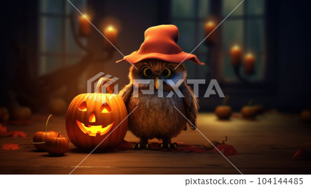 Halloween pumpkin in the night and a owl wearing hat Halloween pumpkin in the night and a owl wearing hat 104144485
