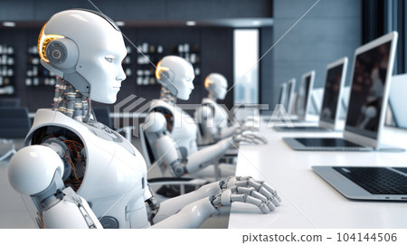 robot and technology using the laptop working in the office 104144506