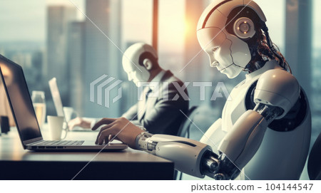 The robot typing on a laptop The robot typing on a laptop 104144547