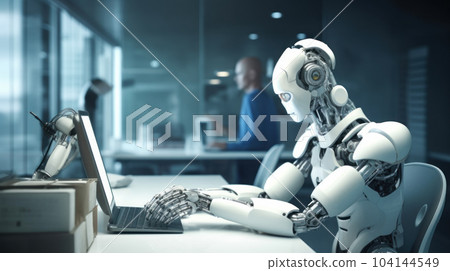The robot with a computer working in modern office The robot with a computer working in modern office 104144549