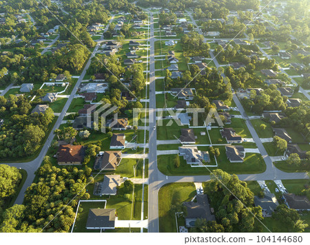 Aerial view of street traffic with driving cars in small town. American suburban landscape with private homes between green palm trees in Florida quiet residential area 104144680