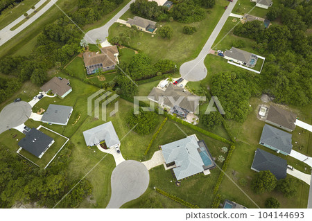 Aerial view of small town America suburban landscape with private homes between green palm trees in Florida quiet residential area 104144693