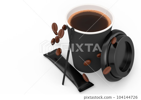 Paper coffee cup with cover, sugar, coffee bean and stick for americano espresso Paper coffee cup with cover, sugar, coffee bean and stick for americano espresso 104144726