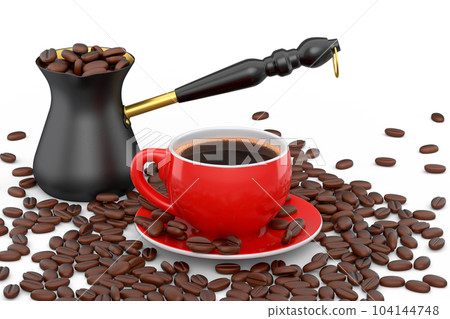 Manual wooden coffee grinder and cup with coffee beans on white background. 104144748