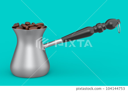 Turkish coffee cooked in sand or maker cezve with coffee bean on green Turkish coffee cooked in sand or maker cezve with coffee bean on green 104144753