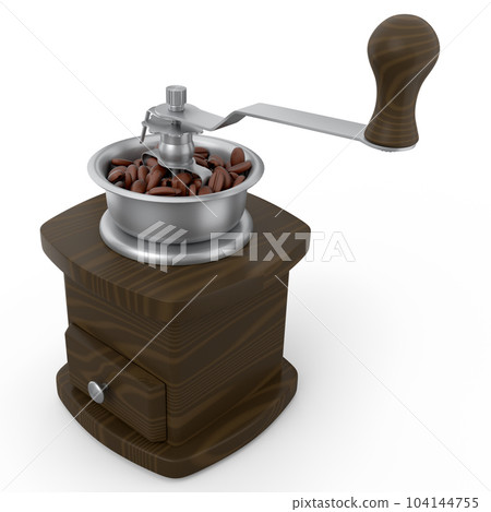 Manual wooden coffee grinder with coffee beans on white background. 104144755