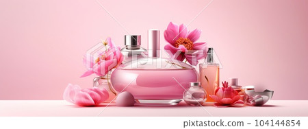 Cosmetics bottles, makeup accessories background 104144854