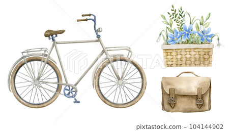 Set with Bicycle, Flowers in wicker basket and leather vintage bag. Hand drawn watercolor illustration of retro city Bike on white isolated background. Drawing of urban vintage transport. Cycle sport. 104144902