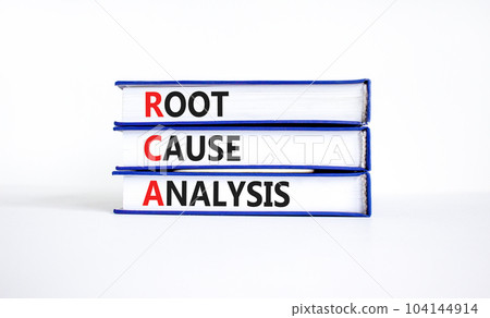 RCA root cause analysis symbol. Concept words RCA root cause analysis on books. Beautiful white table white background. Business and RCA root cause analysis concept. Copy space. RCA root cause analysis symbol. Concept words RCA root cause analysis on books. Beautiful white table white background. Business and RCA root cause analysis concept. Copy space. 104144914
