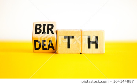 Birth or death symbol. Businessman turns wooden cubes and changes the word Death to Birth. Beautiful yellow table white background, copy space. Business and birth or death concept. 104144997