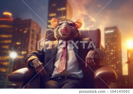 Rat dressed in business suit sits in leather armchair in its high-rise office 104145091