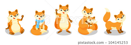 Cute Red Fox Animal with Bushy Tail in Different Pose Vector Set Cute Red Fox Animal with Bushy Tail in Different Pose Vector Set 104145253