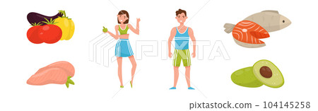 Healthy Diet with Young Man and Woman and Balanced Food Vector Set Healthy Diet with Young Man and Woman and Balanced Food Vector Set 104145258